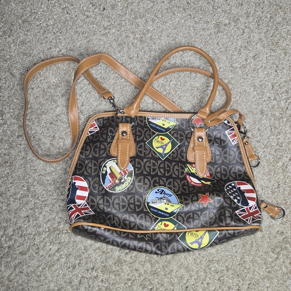 Giani Bernini Brown and Tan Satchel with Colorful Patches